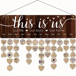 Wooden Hanging Calendar Plaque, 1 Set DIY Wooden Hanging Calendar with Heart Shaped Tags, Home Decor Calendar for Anniversary, Birthday, Anniversary, Hangable