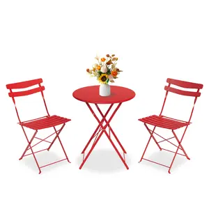 Space-Saving 3-Piece Folding Bistro Set – Outdoor Patio Table & 2 Chairs for 2 – Steel Frame – No Assembly – Portable Garden, Balcony, Yard Furniture – Green, Pink