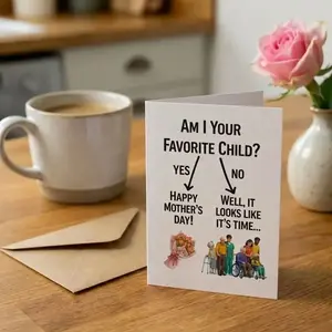 Funny Mother's Day Card with Blank Inside, "Favorite Child" Gag Greeting Card for Mom, DIY Personalized Cardstock Folded Card with Envelope, Hilarious Gift from Son or Daughter