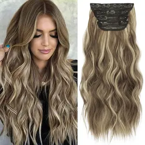 Clip in Synthetic Hair Extensions Long Wavy Synthetic Hairpieces Double Weft Natural Hair Extensions Heat Easily to Wear Soft Blends Well Clip Extension for Women Girls Daily Party Everyday Wear Fashion Hairstyles Accessories