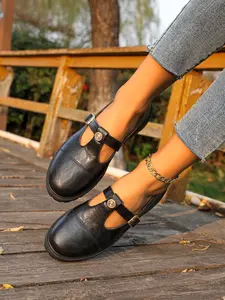 Women's Round Toe Classic Mary Jane Shoes, Thick Sole Vintage Style, Artificial Leather Upper, Casual All-Season Footwear