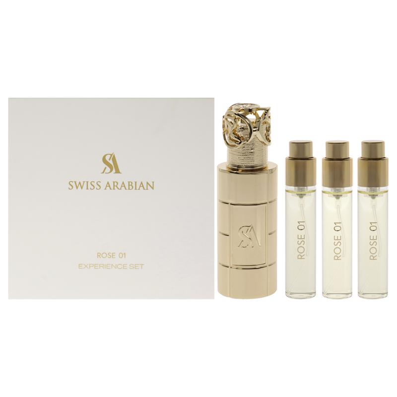 Rose 01 by Swiss Arabian for Unisex - 4 Pc Mini Gift Set 3 x 10ml Perfume Spray, 1 Metal Case