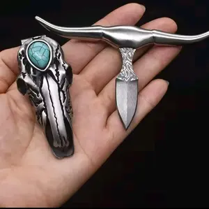 Belt Key Holder Keychain Unique Bull Skull Design Turquoise Stone Silver Tone Necklace  Everyday Use You Will Love