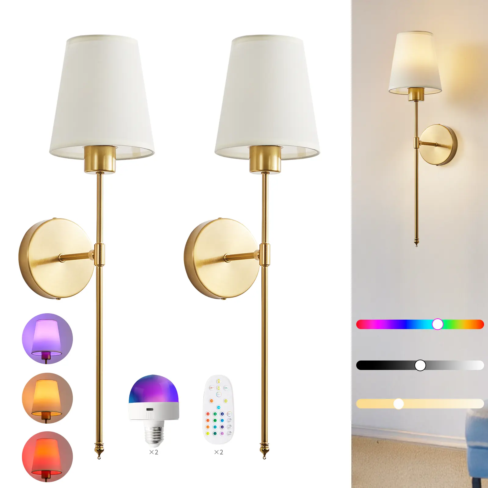 Wireless Rechargeable Wall Sconce, RGB Color Changing LED Wall Lamp with Remote Control, Dimmable Decorative Light Fixture for Bedroom, Living Room, Hallway & Home Decor