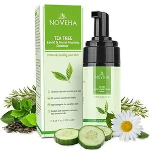 NOVEHA Tea Tree Oil Foaming Cleanser 100ml with Centella Asiatica, Hyaluronic Acid, Soothing Madecassoside & Eye & Lash Cleanser for Facial Cleansing