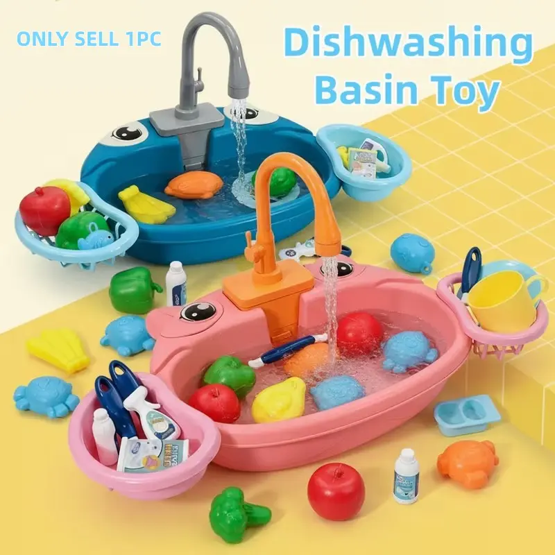 Children's Plastic Electric Frog Sink Toy Set with Recirculating Water, Cleaning Playset, Electric Dishwashing Sink, Washing Simulation Table, Parent-Child Interactive Educational Toy, Toddler Kitchen, Kitchen Pretend Play Set