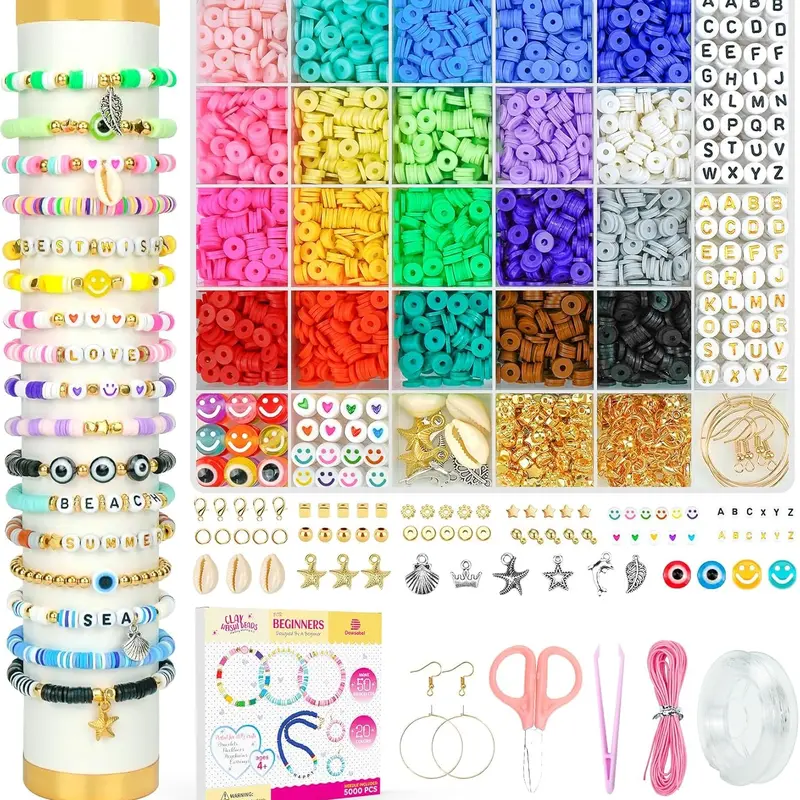 6000+PCS Clay Beads Bracelet Making Kit,24 Color DIY Flat Preppy Beads for Friendship Jewelry Making,Polymer Heishi Beads with Charms Gifts for Teen Girls Crafts for Ages 4-12