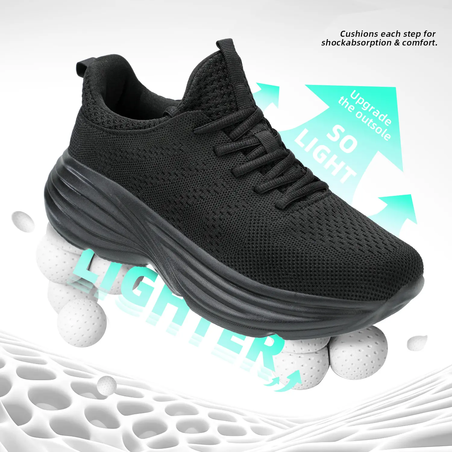 Men's All Black Lace-Up Casual Trainers - Flyknit Fabric Running Shoes, Lightweight Cushioned Walking Shoes with Pull Tab Ease for Running Walks, Sport Workouts, Laces Casual Trainers