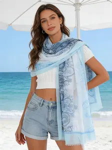 Fashionable multifunctional thin temperament imitation silk printed hanging beard long scarf scarf ethnic style Su scarf