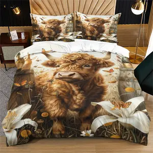 Highland Cow Bedding Set, Full Size Bedroom Decor Printed Quilt Cover Set, 3 Piece Bed Linen Collection for Cozy Home Decoration