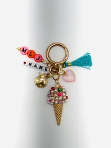 Personalized Ice Cream Cone Keychain – Name Beads, Cute Tassel & Heart Charm – Custom Bag Charm Gift