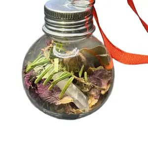Witches Ball for Home Office Decorative Plastic Ornament with Natural Elements and Red Ribbon