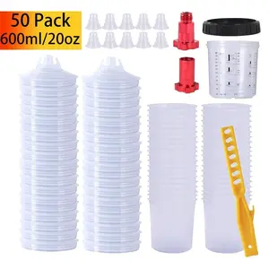 Paint Spray Gun Disposable Cup Kit 50 Liners & Lids with Strainer, Reusable Hard Cup & Sealing Plugs, Mix Ratio Marked, Compare to 3M PPS 16023 16024