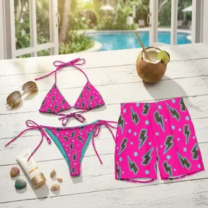 Summer 2026 Couple Beach Set, Hot Pink Lightning Bolt Bikini and Matching Hawaiian Shorts