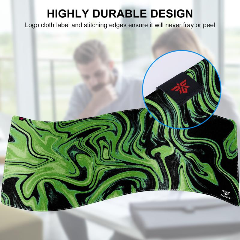 NPET N110 XXL Gaming Desk Mat 35x17 inch Non-Slip Stitched Edge for Office Home Mouse Mover Pad Desktop Accessory with Green Swirl Design