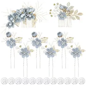20 Pack Classy Dusty Blue Flower Bridal Wedding Hair Side Combs+Floral Hair Pins+Twist Spiral Pearl Hair Pins Clips Pieces Formal Prom Headpieces Accessories for Brides Bridesmaids Women Girls outdoorfun