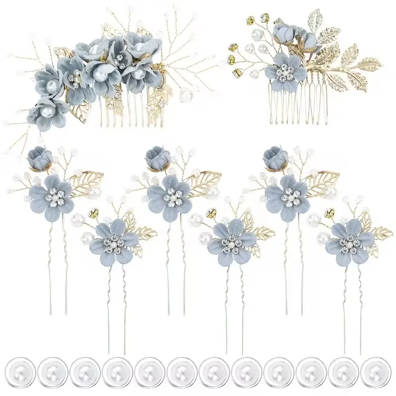 20 Pack Classy Dusty Blue Flower Bridal Wedding Hair Side Combs+Floral Hair Pins+Twist Spiral Pearl Hair Pins Clips Pieces Formal Prom Headpieces Accessories for Brides Bridesmaids Women Girls Vintage Glamour Effortlessly Elegant