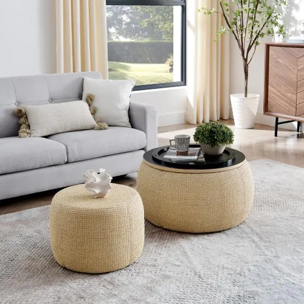 2-in-1 Natural Rattan Fabric Footstool - Fully Assembled, Space-Saving Round Indoor Storage Ottoman with Woven Texture, End Table, Footrest, Extra Seat, Magazine Holder for Small Apartment Room Decor, Moderately Sized