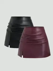 Women's Elegant Vintage High Waist Pleated Mini Skirt with Side Slit, Elastic Solid Color Spring Summer Fall, Casual to Formal Wear