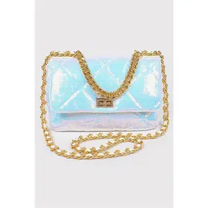 Quilted Sequin Chain Handbag AB with Chain Strap, Light Blue Quilted Design, and Gold Chain Detail