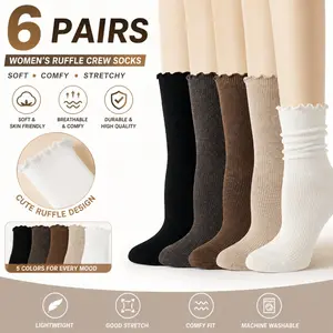 6 Pairs Women’s Vintage Style Ruffle Socks Soft Ribbed Crew Socks, Stretch Knit Lightweight Socks for Sneakers Boots Loafers