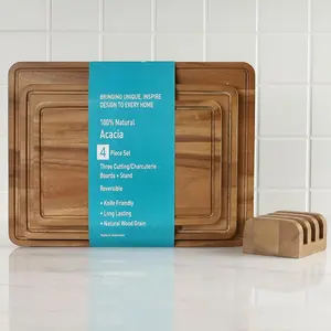 Acacia  Board Set with Juice Grooves and Stand, 3--  Chopping Boards, Stackable & Reversible for Kitchen, ,  as Butcher Block Countertop, Atelier