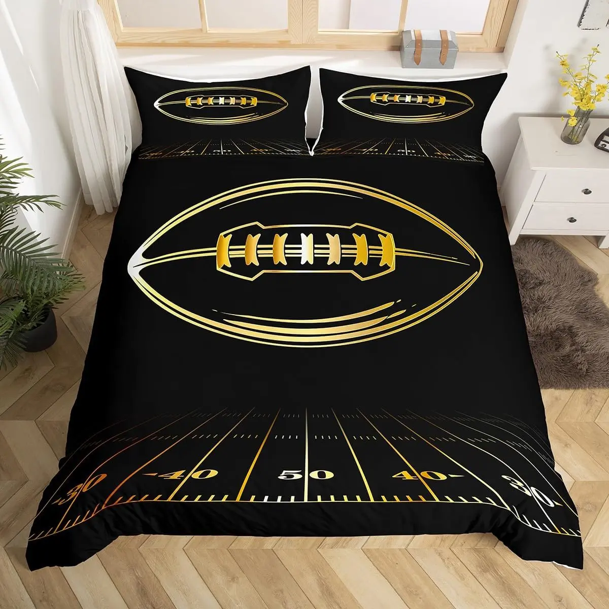 Feelyou Modern Football Theme Bedding Set - Twin/Full/King Sizes, Rugby Sports Themed, Golden Black, Super Soft Lightweight Flat Weave Fabric, Vivid Print Duvet Cover, Machine Washable, No Bleach, No Comforter Included, Decorative Duvet Cover Sets, Footba