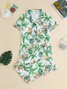 Women's Pajama Set, Tropical Monkey All over Print, Casual Fitted Sleepwear, Loungewear, Pjs, Pyjamas, Button Front Short Sleeve Top & Loose Long Pants, Cozy Home