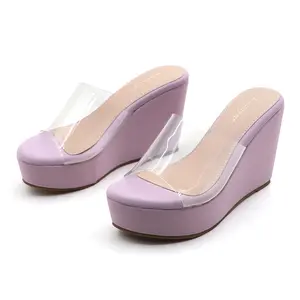 Luckyyet Clear Strap Wedge Sandals for Women, Lavender Purple Platform High Heel Slide Mules Open Toe Summer Shoes