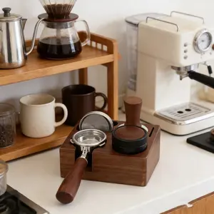 Wooden Coffee Press Tamper Holder, Large Square Storage Box for 51/53/58mm Espresso Machines, Home & Commercial Use, Tool Organizer, Coffee Making Tool, Coffee Bar Accessories