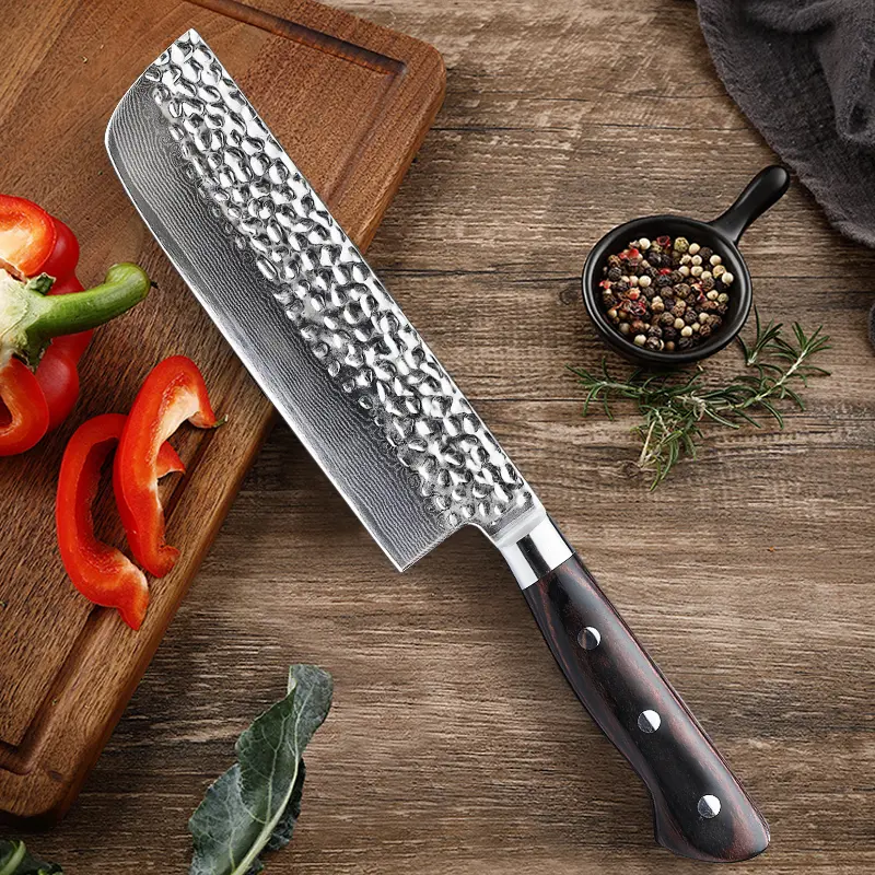 FINDKING Damascus Steel 7 Inch Japanese Nakiri Knife, Kitchen Chopping and Mincing Knife, All-Purpose Japanese Cutting Companion, Razor-Sharp Blade, Pakka Wooden Handle, Raven Series, Cutting for Meat Vegetable,Fruit