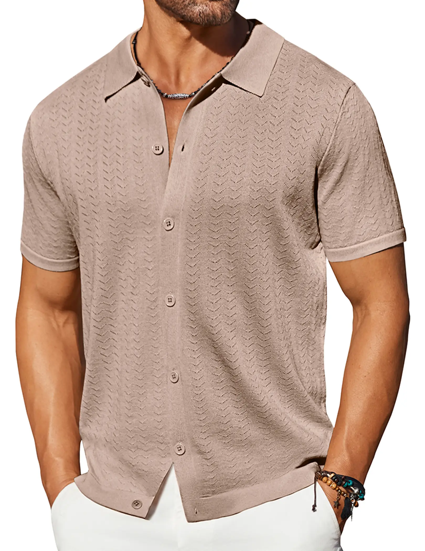 COOFANDY Men's Knit Shirts Short Sleeve Button Down Shirt Casual Summer Beach Shirt