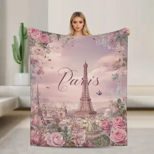 1 Piece Paris Eiffel Tower Floral Blanket - Lightweight Flannel Sofa Bed Cover, Elegant Pink Rose Pattern, Soft French Country Style Living Room Decoration, Suitable for Travel, Camping - Machine Washable Four Seasons Comfortable Gift, Exclusive for Women