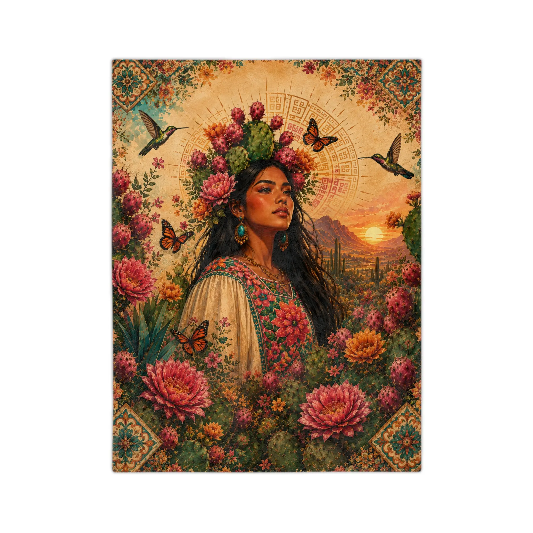 Nopal Collection Velveteen Plush Throw Blanket - Mexican Desert Goddess Design, Prickly Pear Cactus Motif, Edge-to-Edge Fade-Resist Print, Latina Room & Living Room Decor