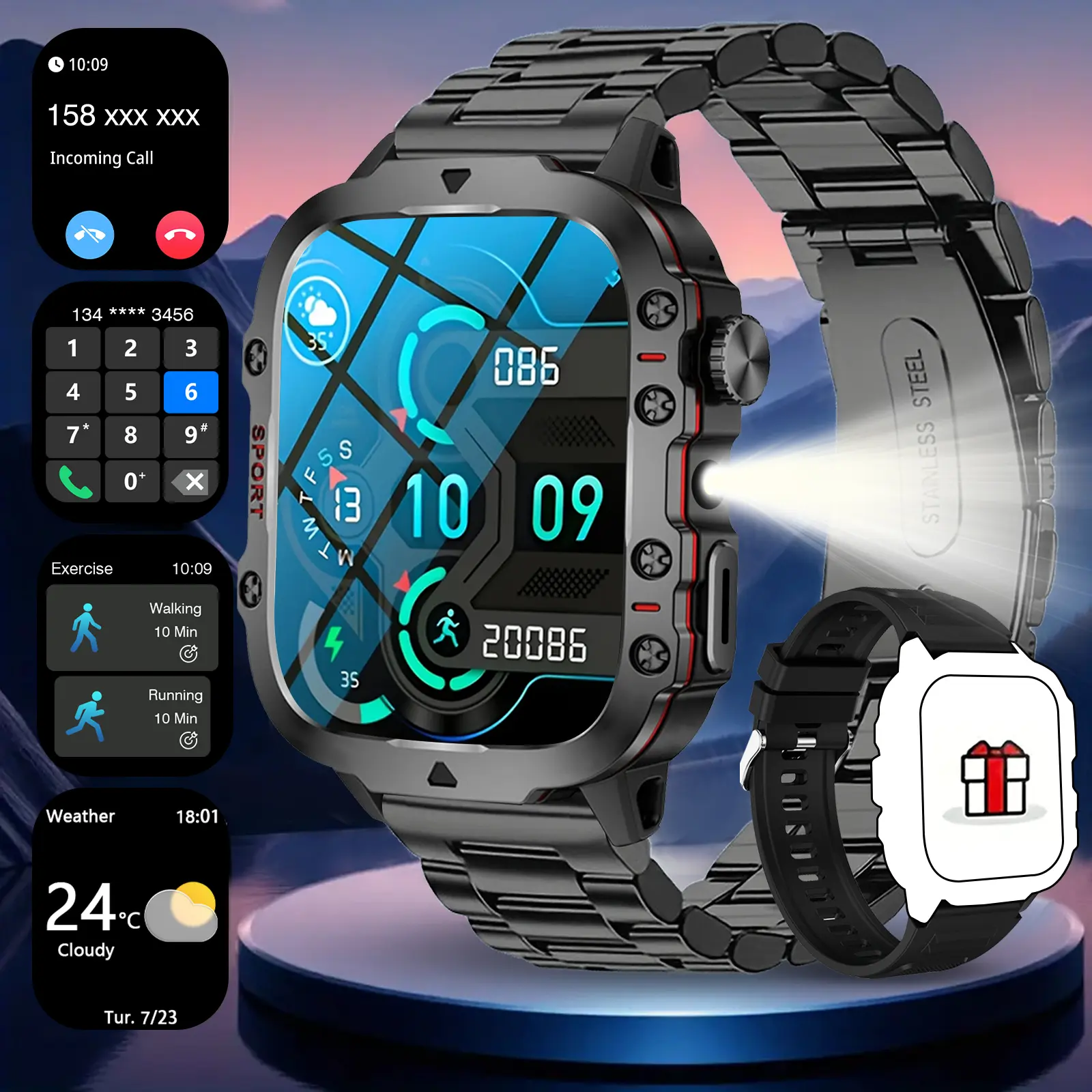 Smartwatch with Call Answer/Dial Function,  Step Counter & Calorie Tracker, Multiple Sports Modes, Weather Update, Wireless Connection, Remote Music Control, Rechargeable Lithium Battery, Unisex Design