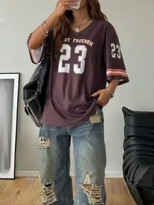 [Plus Size] Number Print V Neck Tee, Casual Style Tee, Casual Short Sleeve Fitted T-shirt for Summer, Women's Plus Clothing for Daily Wear, Top