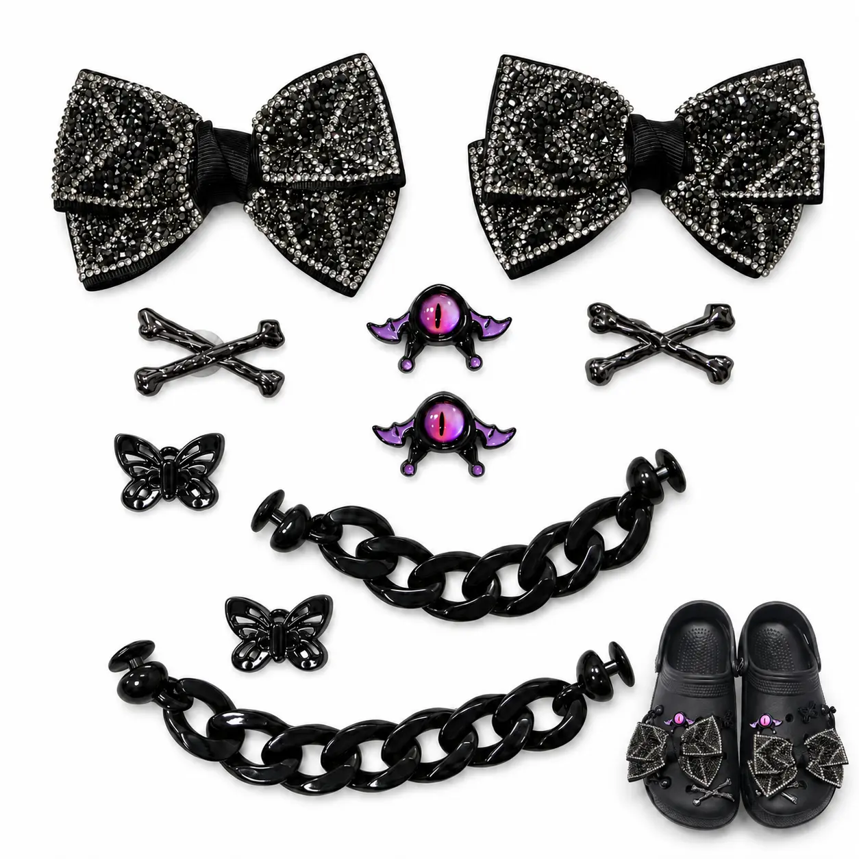 10PCS Gothic Halloween Shoe Charms Set with Black Chain, Crystal Bow, Purple Eye, Crossbones & Butterfly Clog Accessories, Shoes Not Included