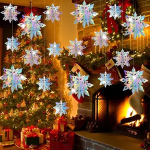 18PCS Christmas Hanging Snowflakes Decorations, 3D Holographic Paper Snowflakes Garland Hanging Iridescent Snow Flakes for Frozen Winter Wonderland Party Holiday New Year Home Decorations