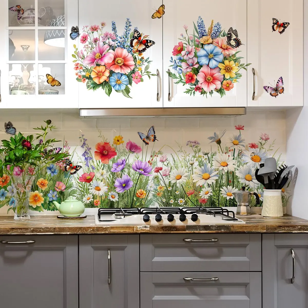Flower & Butterfly Pattern Floral Design Decorative Wall Sticker, Adhesive Decals, 1 Set Self Adhesive Wall Decal, Removable Wall Art for Home Living Room Bedroom Decor