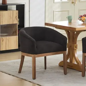 Mid Century Modern Linen Barrel Dining Chair with Arms Natural Rubberwood Frame Black Single Pack Chic Design Comfortable Seating Versatile Use ModernDining AccentChair