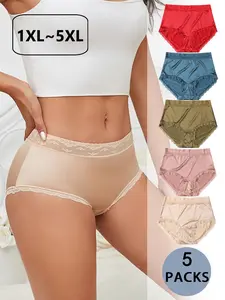 【Plus Size】 Solid Color Lace Trim Panty, Casual Comfy Panties, Comfy Breathable Seamless Knicker for Daily Wear, Women's Underwear for All Seasons