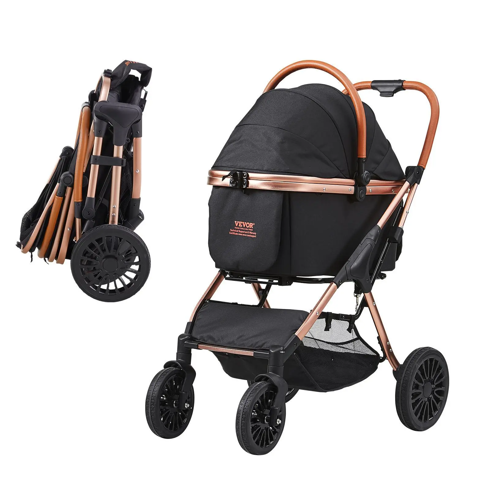 VEVOR Portable Dog Stroller, 360° Swivel 8-10" Shock Wheels with Brakes, 66 lbs Capacity, Detachable Fabric Carrier, Aluminum Alloy Frame, Adjustable Handle, 800D Nibble-Resist Material, Storage Basket, Pet Pad, for Small-Medium Dogs, Black