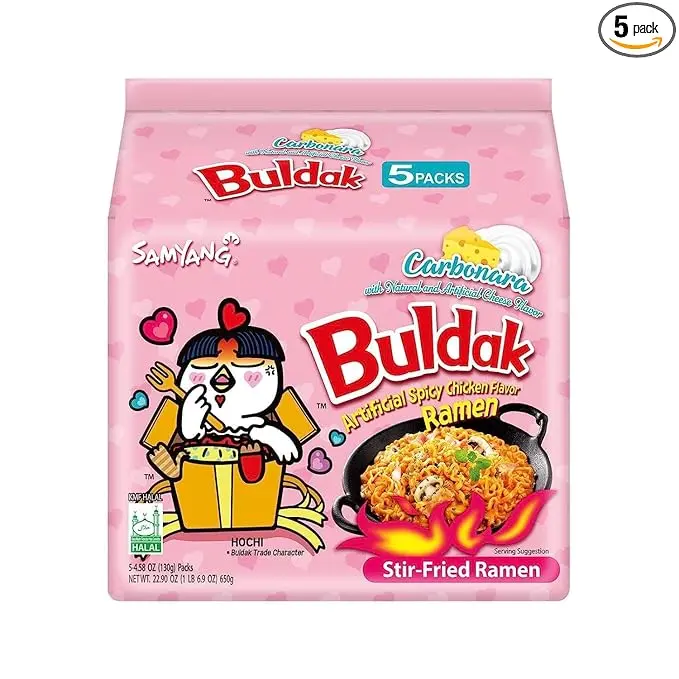 Samyang Buldak Spicy Ramen, Hot Chicken Ramen, Korean Stir-Fried Instant Noodle, Carbonara, 1 Bag with 5 Pack