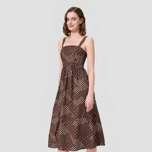 Women's Poplin Fit and Flare Midi A-Line Dress - A New Day Brown Polka Dots XS