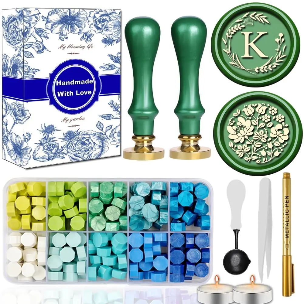 Elegant Initial K Wax Seal Kit,2pcs Exquisite Brass Stamp Heads with Eucalyptus & Flower Designs Ideal for Wedding Invitations Gift Wraps Envelopes and Christmas Cards (Alphabet K Kit)