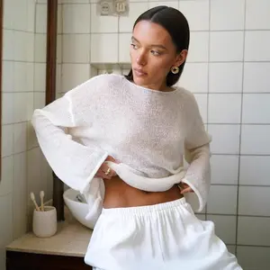 Hollow Out Knit Sweater European and American 2025 Spring/Summer Women's Sheer Thin Large Round Neck Bell Sleeve Knit T-Shirt Knitwear Womenswear Green Tops Knitting Crewneck