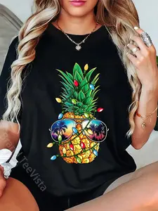 100% Cotton Pineapple Christmas Tree Lights Xmas Women Boys Sunglasses T-Shirt
