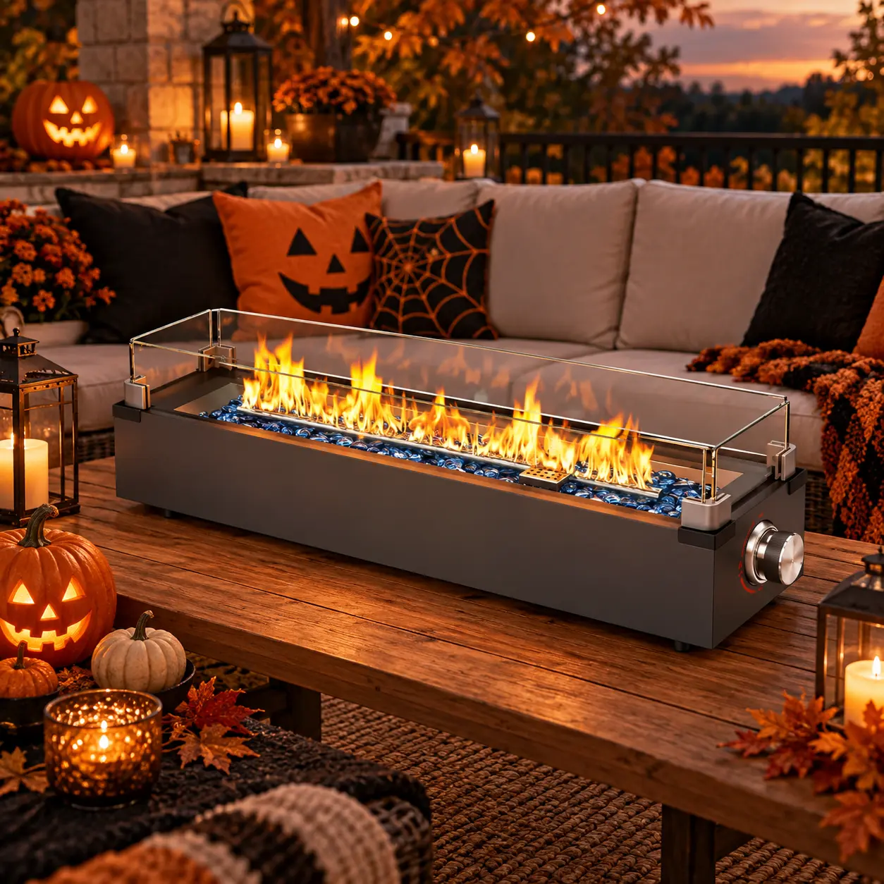 Amada 28-Inch Rectangular Propane Fire Pit Table, 50,000 BTU Portable Outdoor Tabletop Gas Fire Pit with Glass Wind Guard, Fire Glass, Lid for Patio, Deck, Garden, Backyard