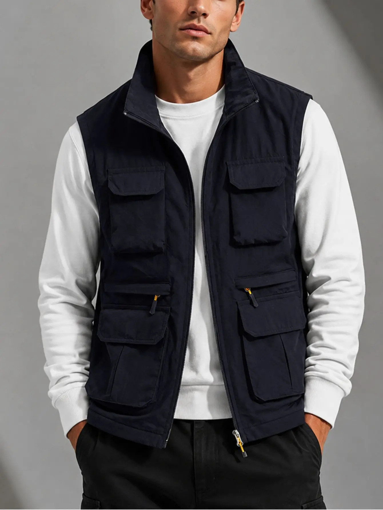 Men’s multi-pocket workwear vest, stand collar, sleeveless outdoor fishing vest