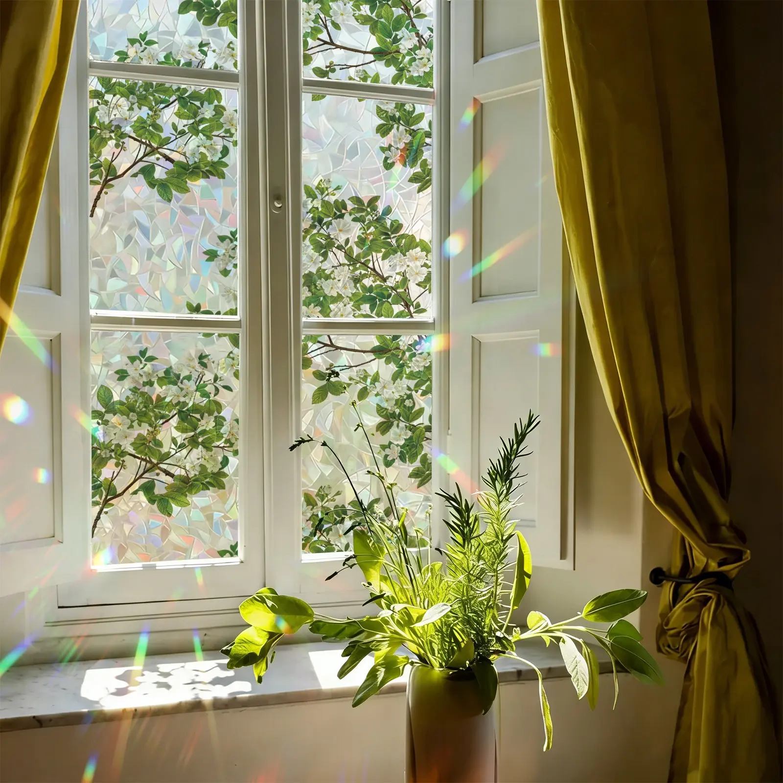 1 roll iridescent window film with floral, bird pattern and flower design, decorative privacy film for glass. Static cling, self-adhesive, removable and easy to apply. Ideal for windows and doors, enhancing home aesthetics and room décor, Flower.